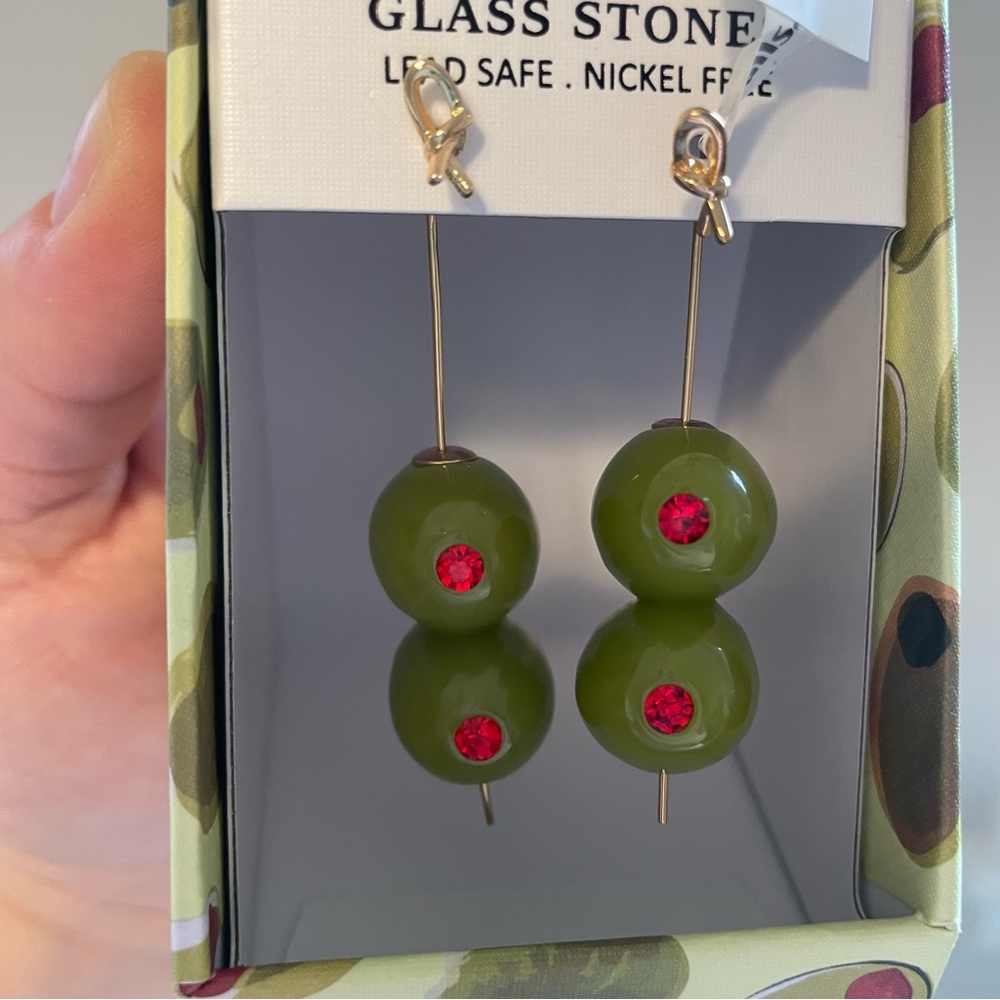 Olive Martini Green and Red Glass Stone Earrings